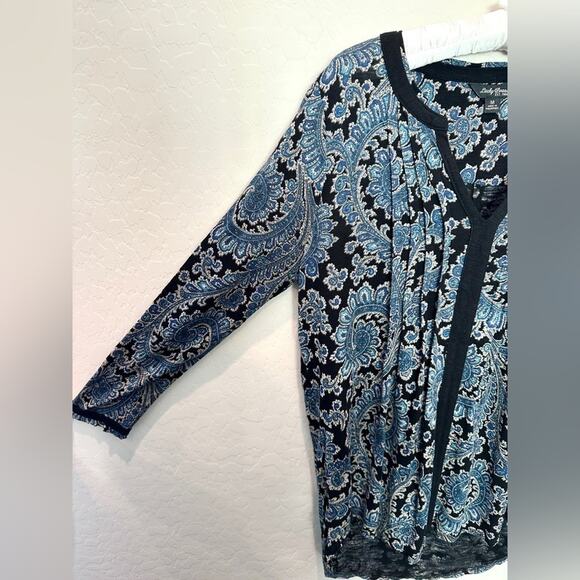 LUCKY BRAND | Navy Blue Paisley Boho Top 3/4 Sleeve Blouse | Size Medium - Picture 3 of 7